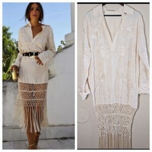 Zara Macrame Elegant Cream Embroidered Dress with Fringe